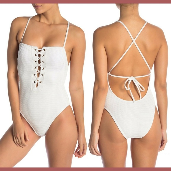 NWT Lucky‎ Brand Havana Lace-Up One-Piece Swimsuit in White [SZ Large ] - Picture 1 of 8